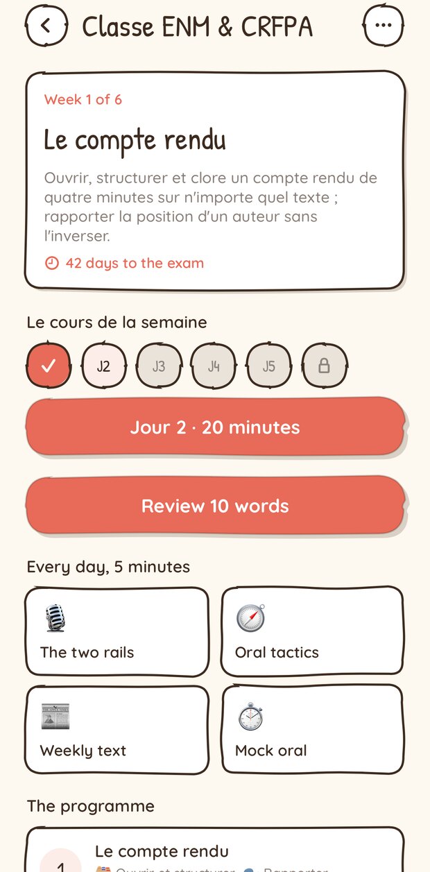 Classe ENM et CRFPA dans Rouge Gorge, avec le programme de la semaine et le compte à rebours avant l'examen