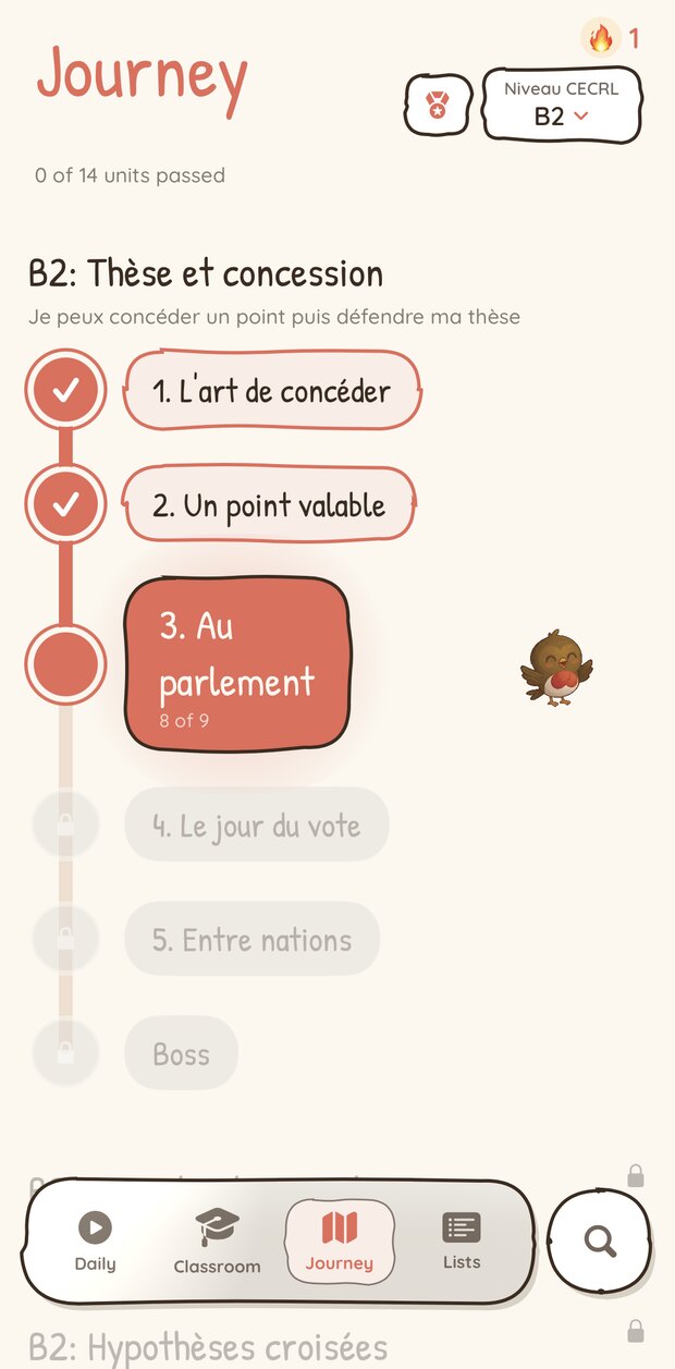 Parcours Journey de Rouge Gorge au niveau B2, avec les unités validées et celles à venir