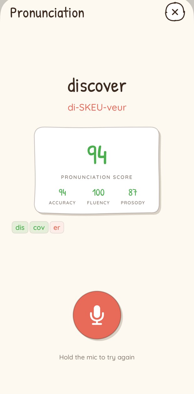 Écran de prononciation de Rouge Gorge affichant un score de 94 avec le détail par syllabe